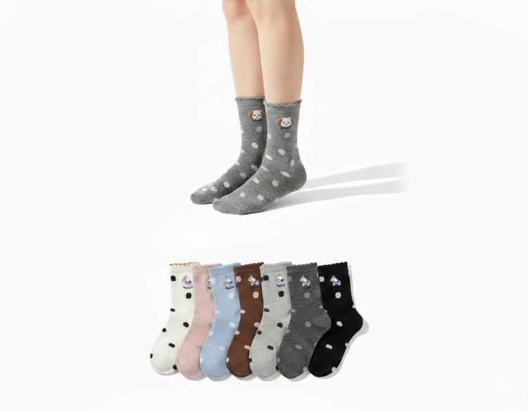 "پک ۷ جفتی جوراب زنانه ساقدار در رنگهای متنوع با طرح خالخالی و عروسک کوچک برجسته روی لبه ساق