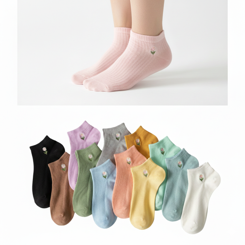 جوراب مچی زنانه نخی طرح گلدوزی گل بهاری