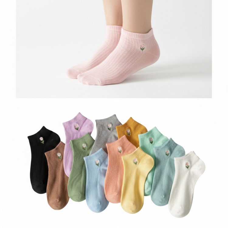 جوراب مچی زنانه نخی طرح گلدوزی گل بهاری