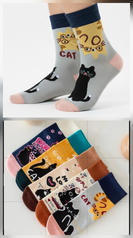 جورابهای ساقدار نخی با طرح گربههای فانتزی در رنگهای زرد، سورمهای، کرم و قهوهای برای. سایز مادر و فرزند