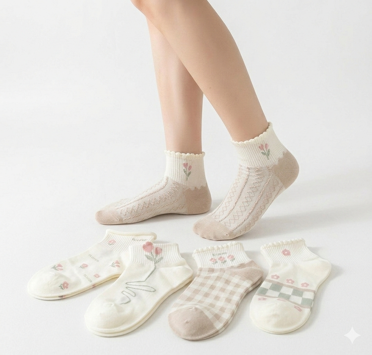 پک ۵ عددی جوراب ساق کوتاه زنانه طرح فانتزی (مدل Floral & Retro) - کیفیت پنبهای